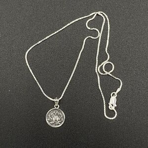 Lotus Flower Sterling Silver Disc Pendant Necklace